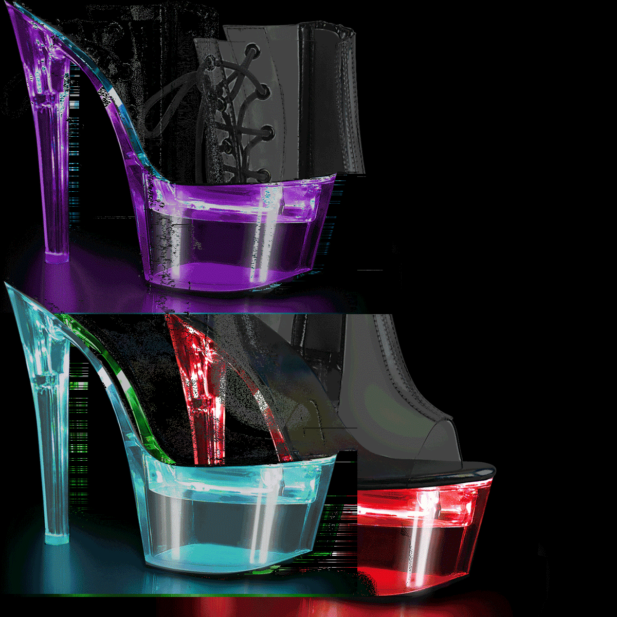 Pleaser Flashdance-1018C-7 C/M - Průhledné svítící kozačky s otevřenou špičkou na vysoké platformě