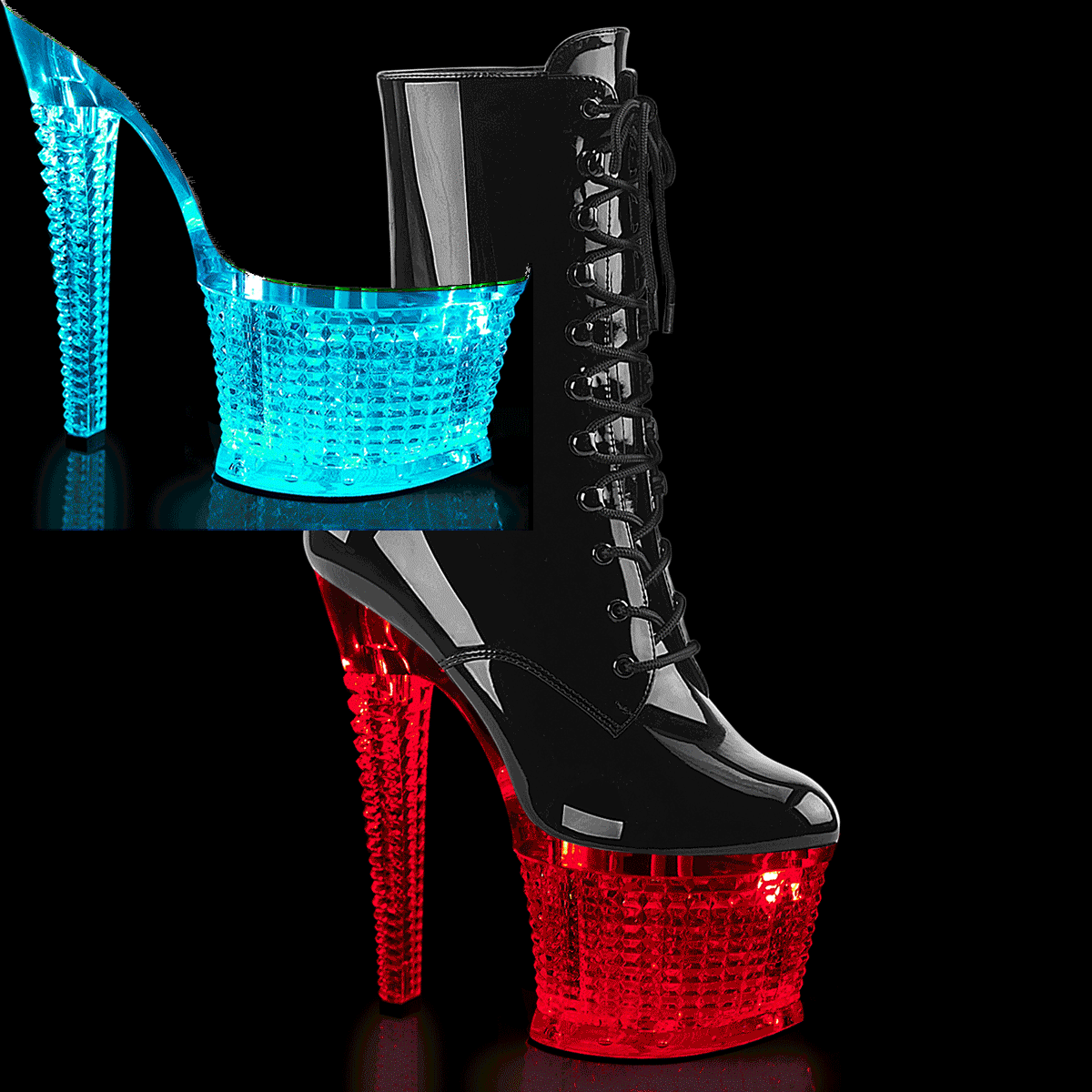 Pleaser Flashdance-1020SPEC B/C - Lesklé černé svítící kotníkové kozačky na vysoké platformě