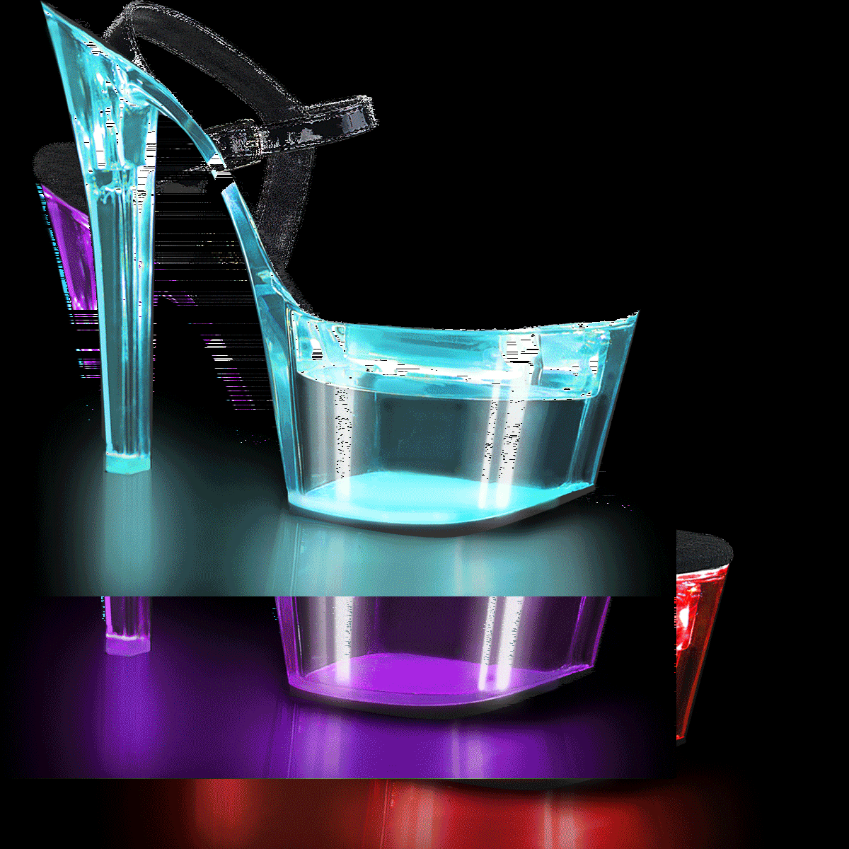 Pleaser Flashdance-709 B/C - Lesklé černé svítící sandály na vysoké platformě