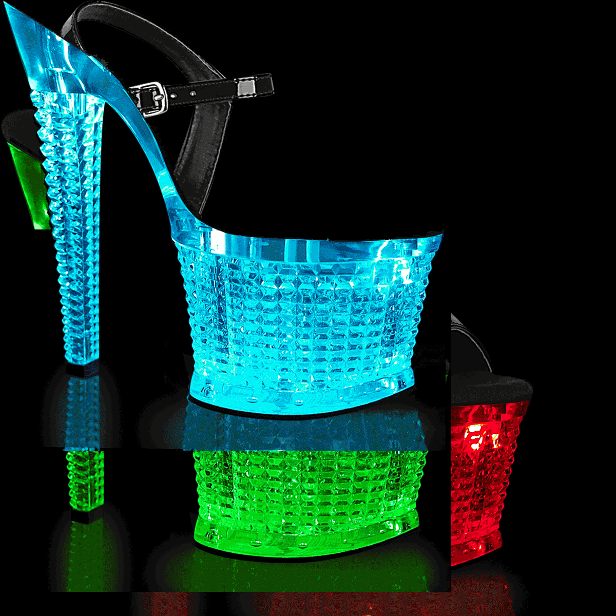 Pleaser Flashdance-709SPEC B/C - Lesklé černé svítící sandály na vysoké platformě