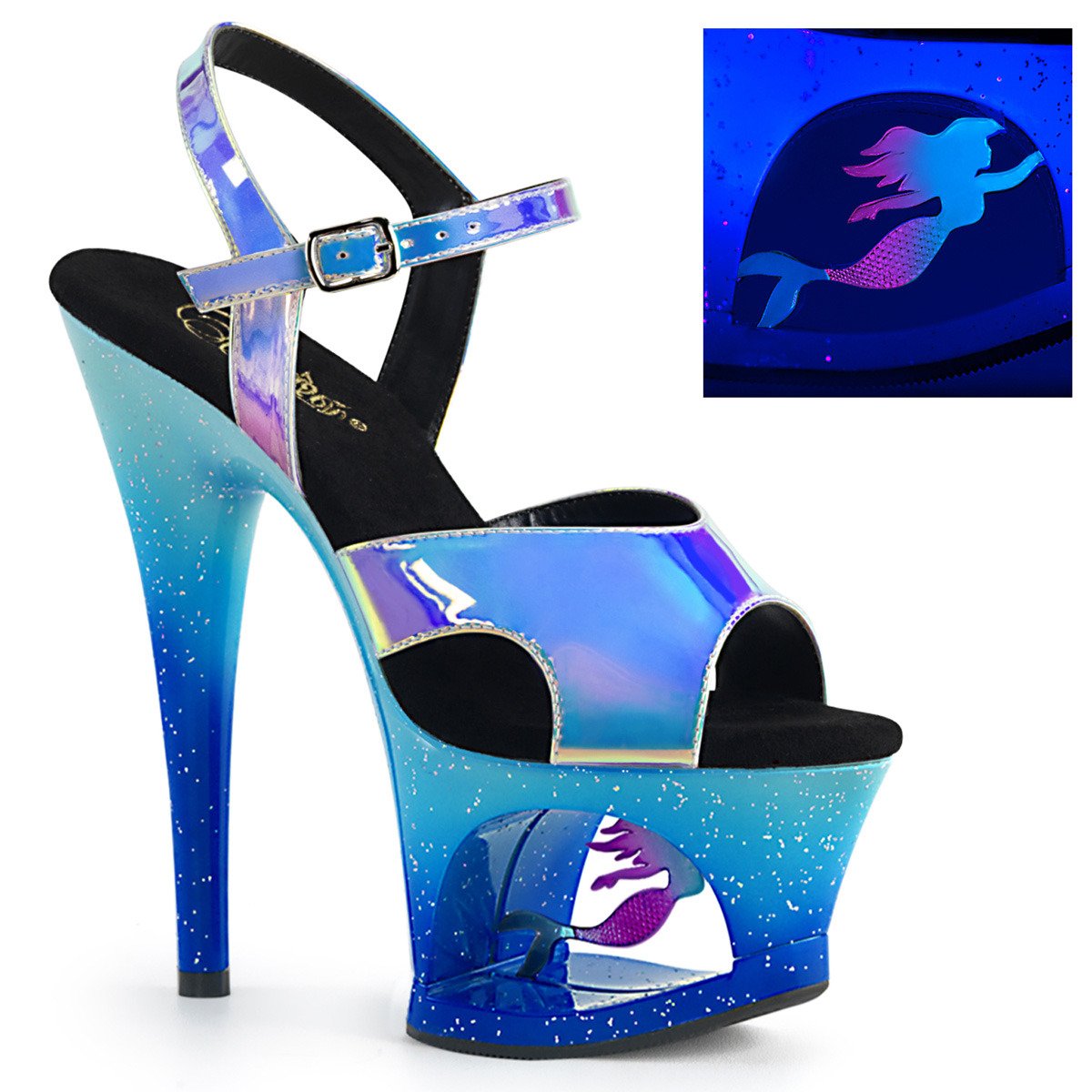 Pleaser Moon-711MER BLU/M - Modré sandály na vysoké platformě