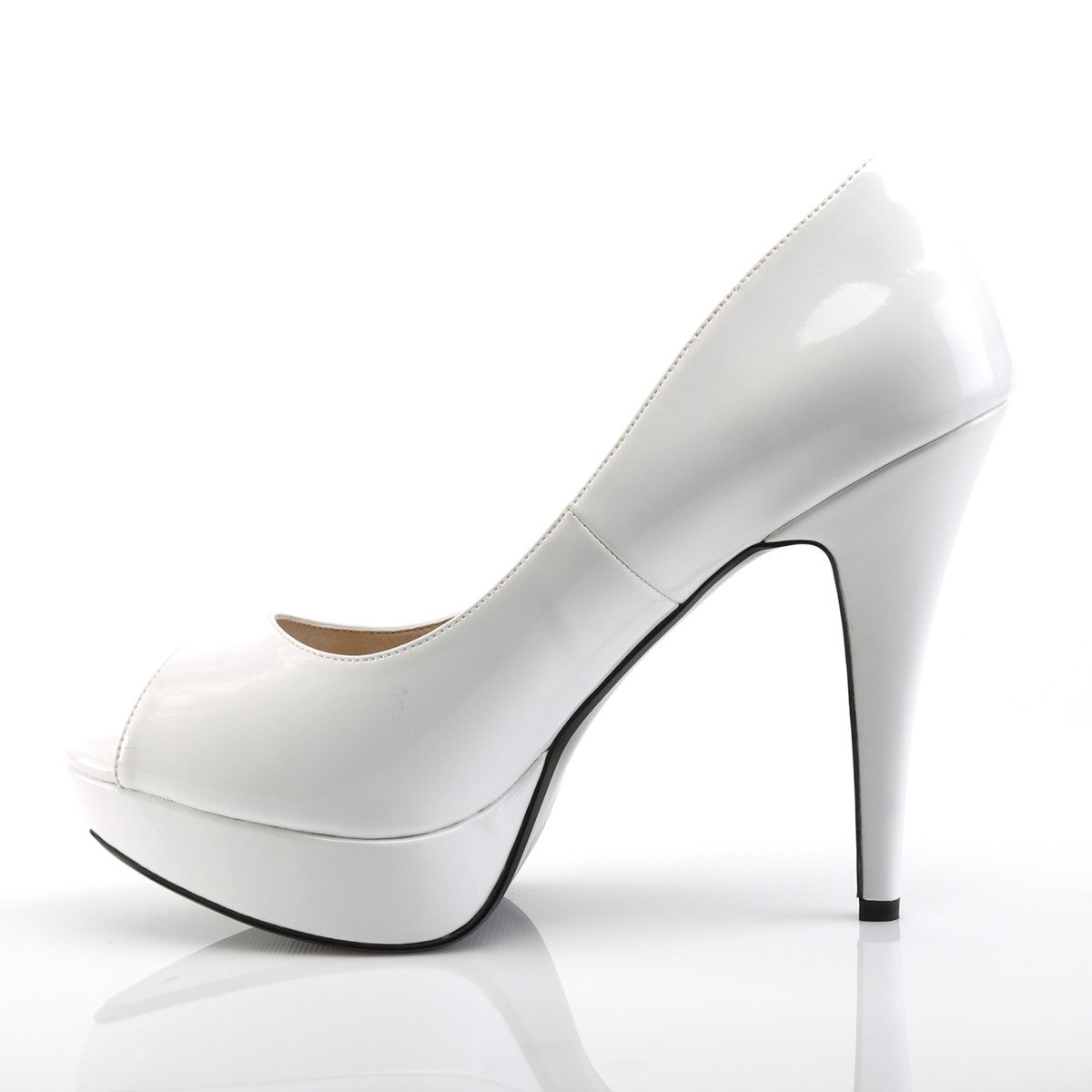 Pleaser Pink Label Chloe-01 W - Lesklé bílé lodičky s otevřenou špičkou na platformě s vysokými podpatky