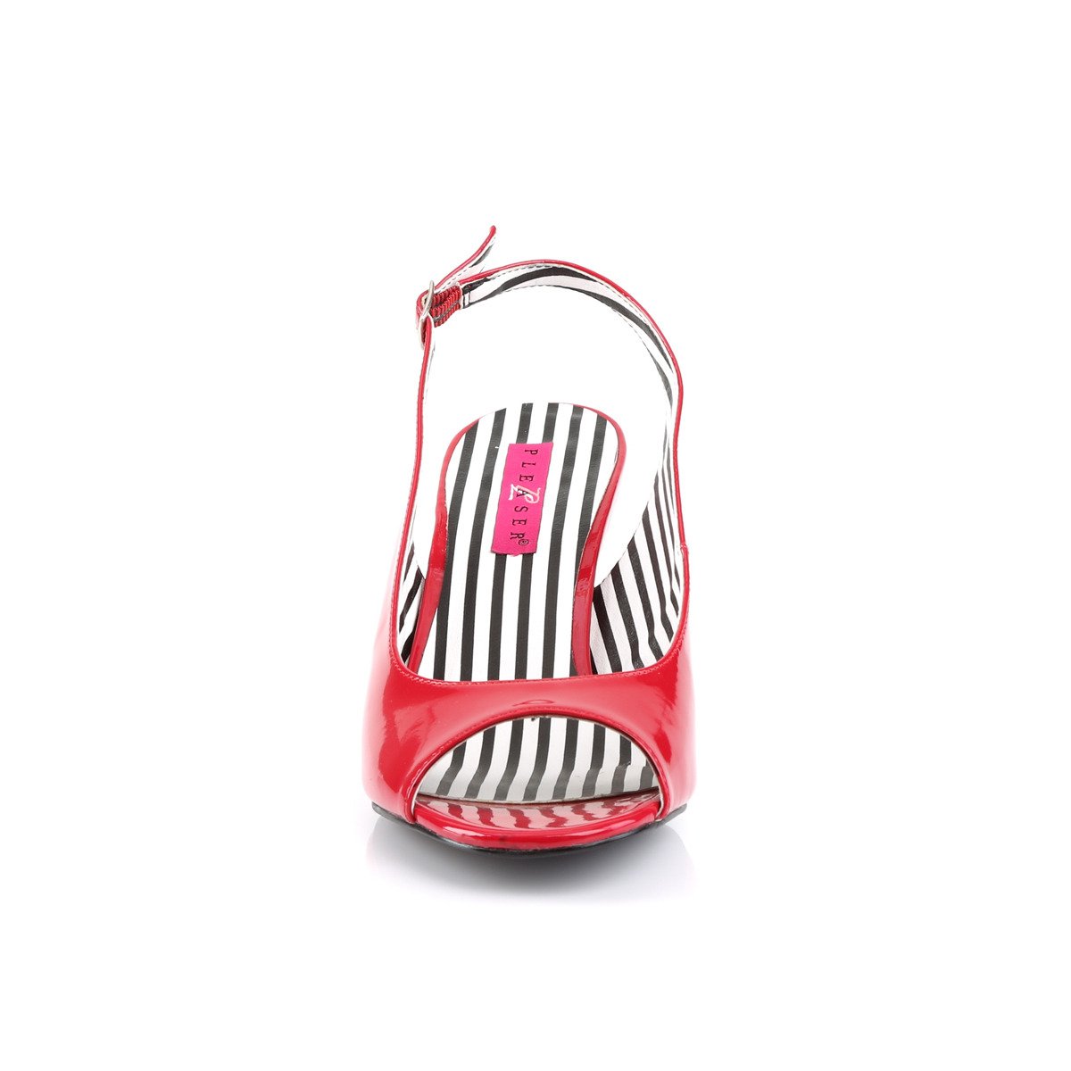 Pleaser Pink Label Jenna-02 R - Lesklé červené lodičky s otevřenou špičkou a volnou patou s širokými podpatky