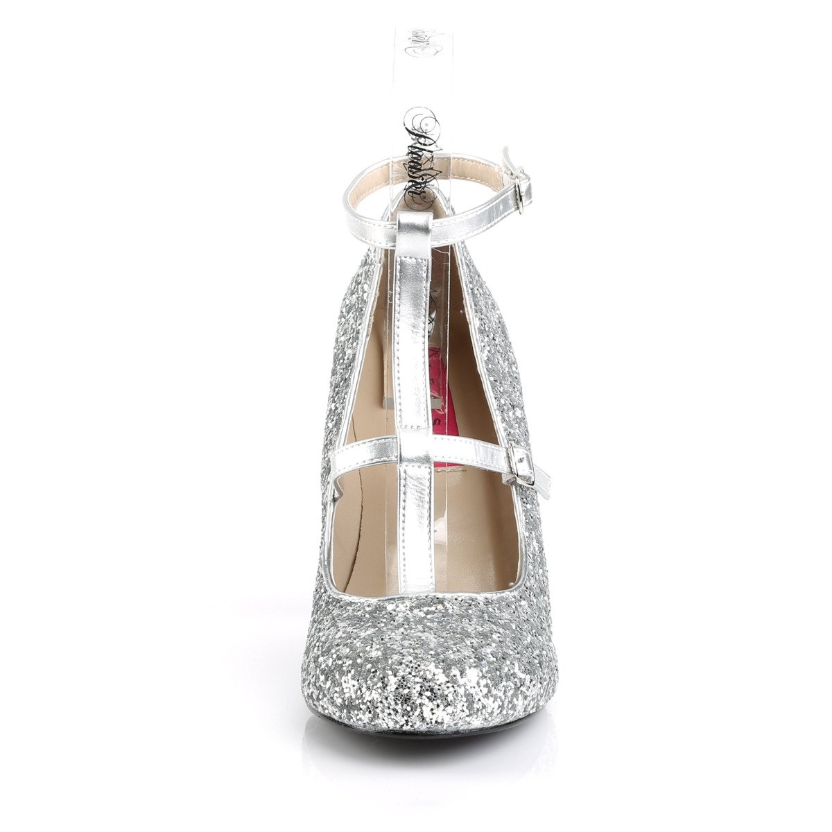 Pleaser Pink Label Queen-01 SPU-SG - Stříbrné lodičky s páskem bez platformy na vysokých širokých podpatcích