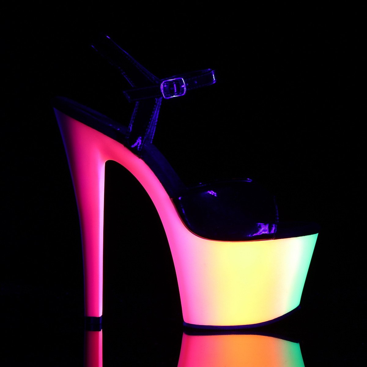 Pleaser Rainbow-309UV B/NMC - Lesklé černé uv reaktivní sandály na vysoké platformě