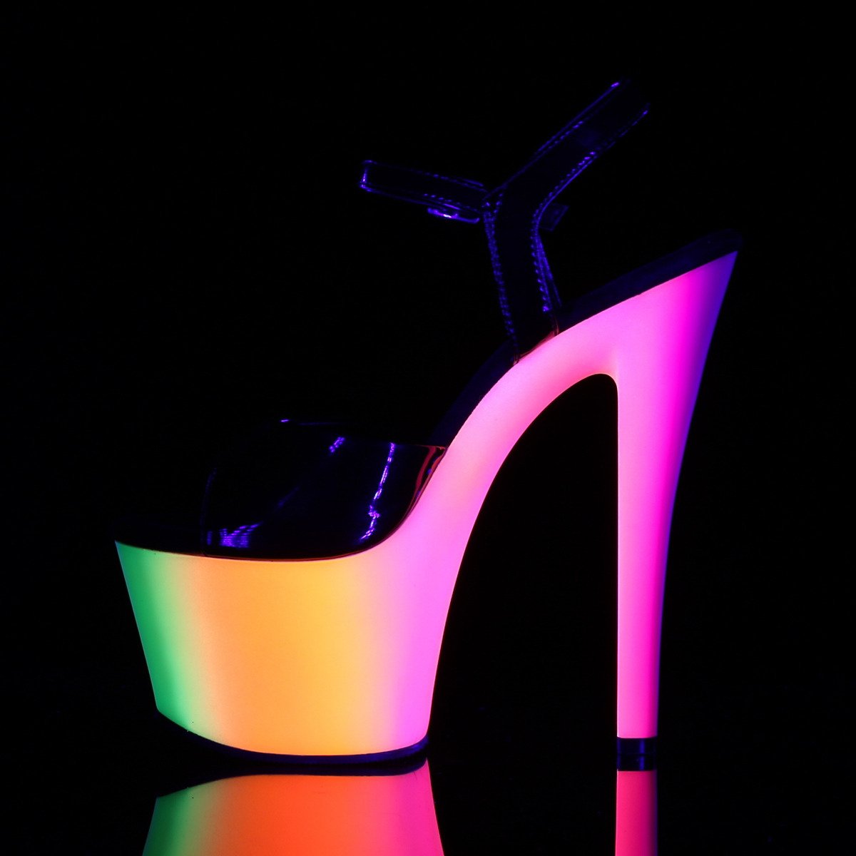 Pleaser Rainbow-309UV B/NMC - Lesklé černé uv reaktivní sandály na vysoké platformě