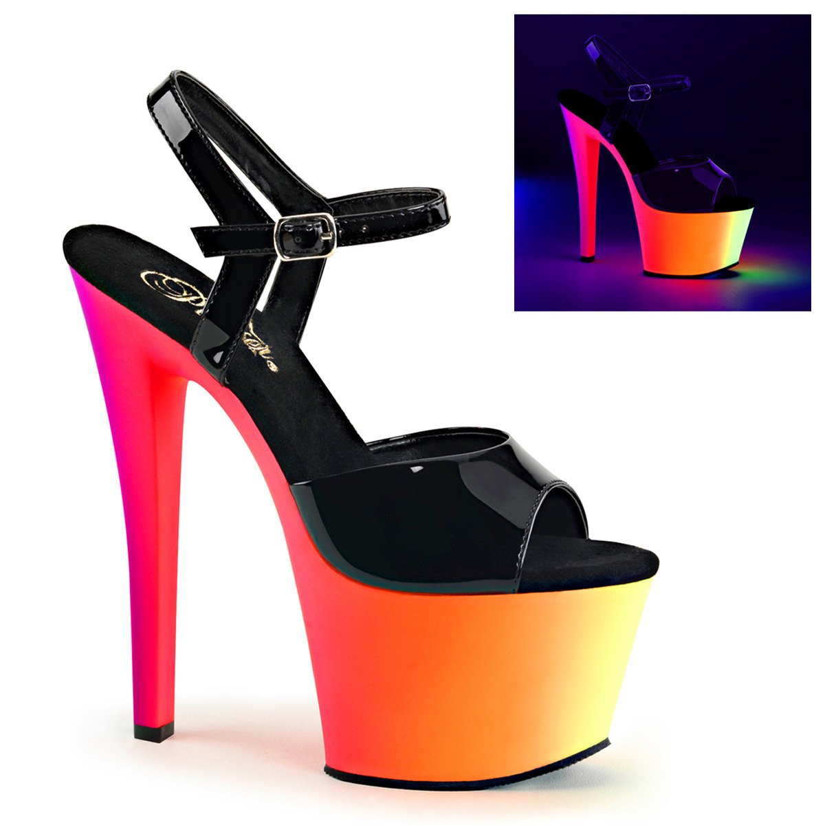 Pleaser Rainbow-309UV B/NMC - Lesklé černé uv reaktivní sandály na vysoké platformě