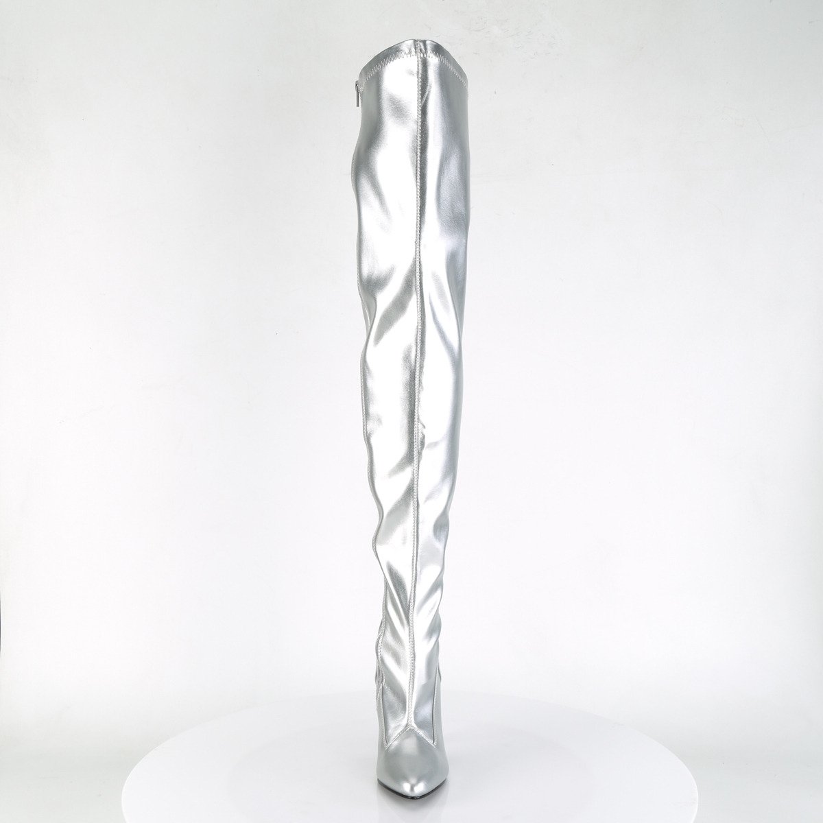 Pleaser Seduce-3000 S/PU - Stříbrné kozačky nad kolena na vysokém podpatku