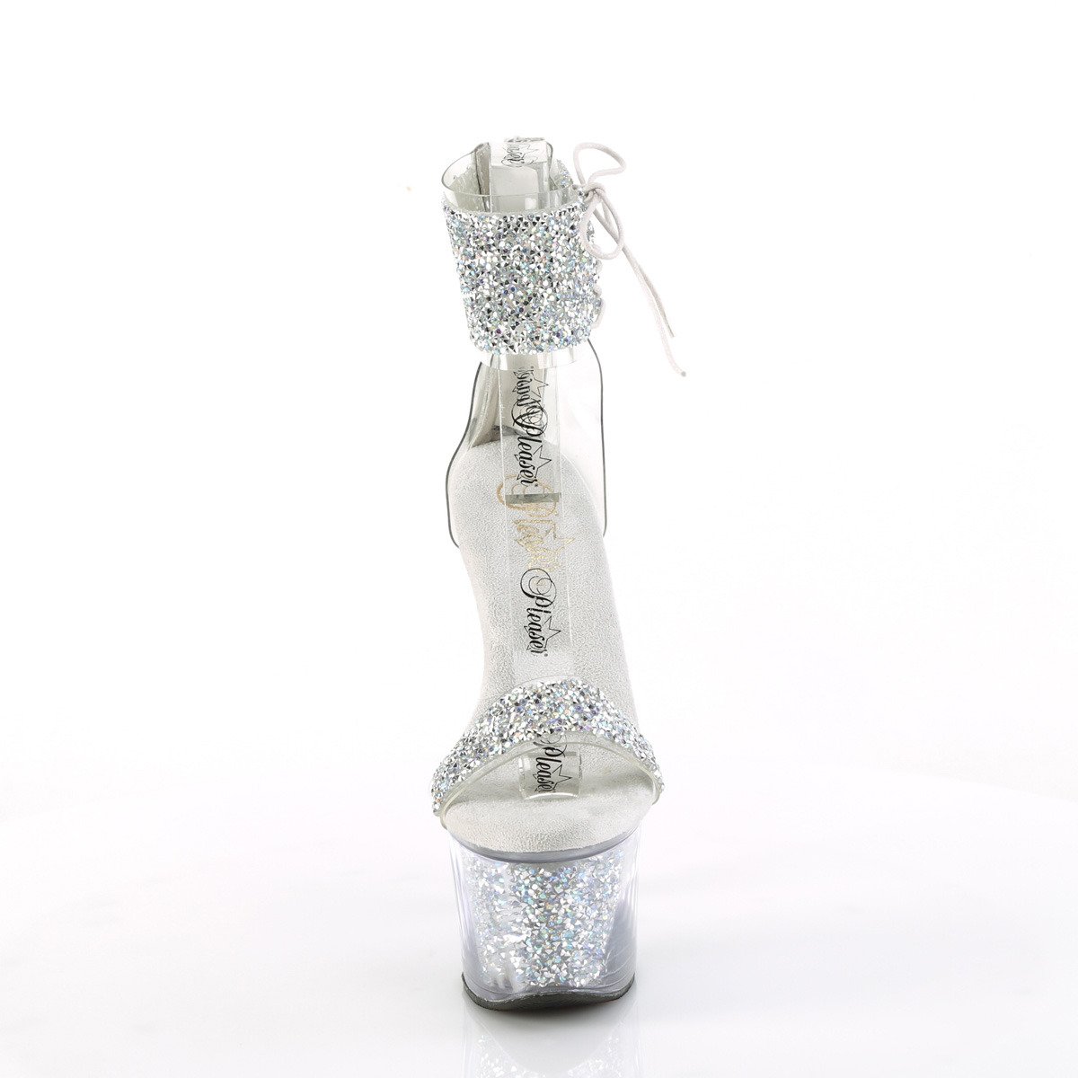 Pleaser Sky-327RSI RS-S/RS - Stříbrné boty s páskem přes kotník na vysoké platformě