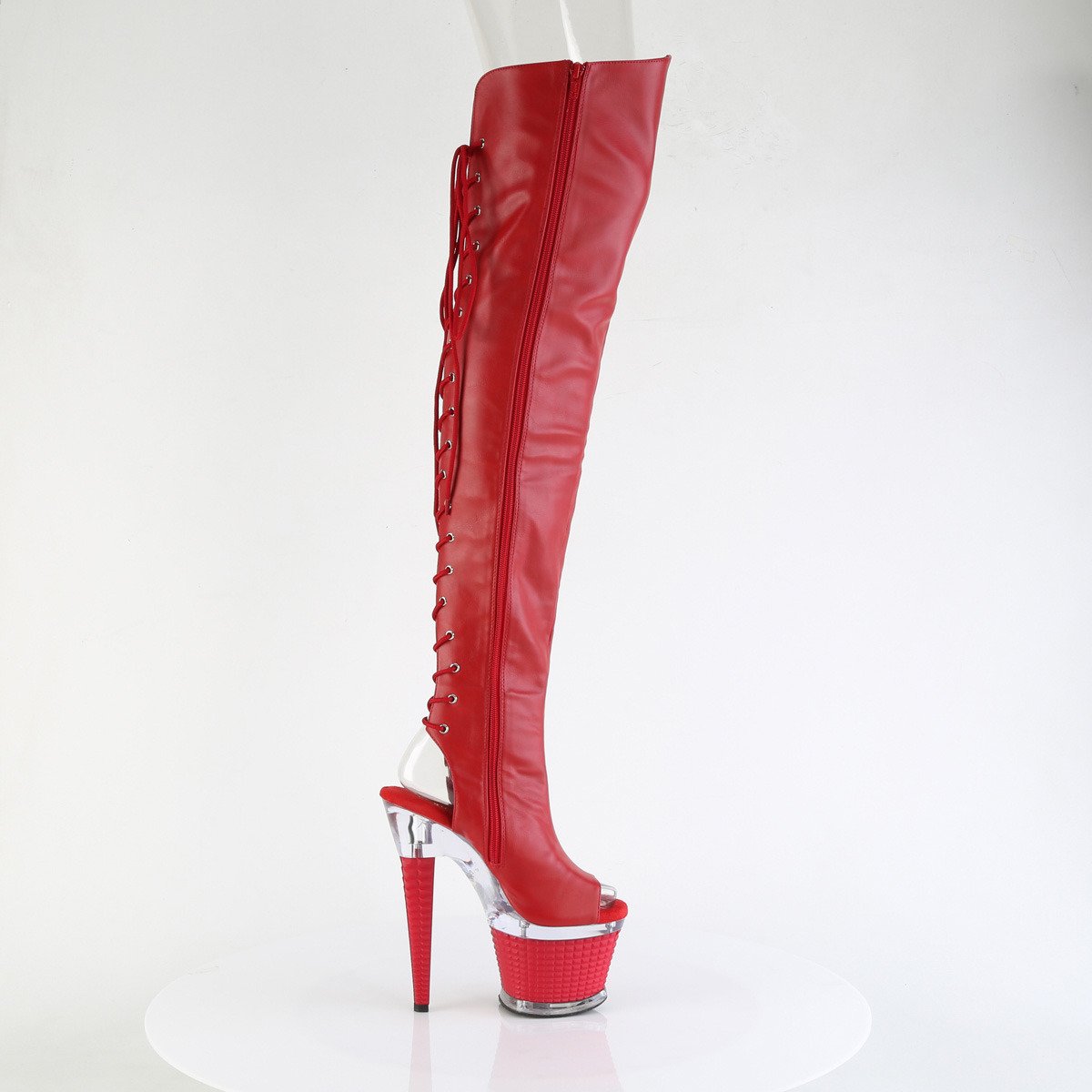 Pleaser Spectator-3030 RPU/C-R - Červené kozačky s otevřenou špičkou na vysoké platformě