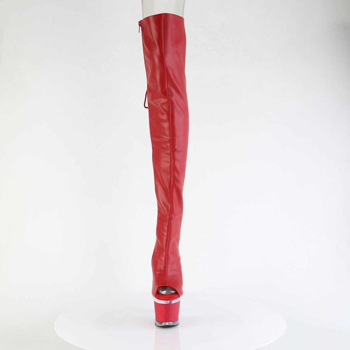 Pleaser Spectator-3030 RPU/C-R - Červené kozačky s otevřenou špičkou na vysoké platformě