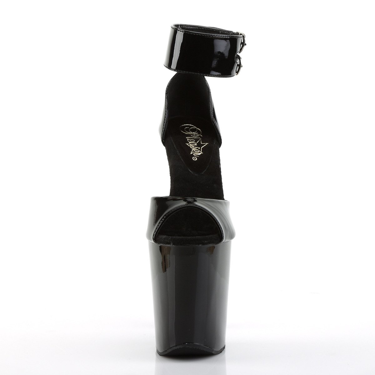 Pleaser Xtreme-875 B/M - Lesklé černé boty s páskem přes kotník na vysoké platformě