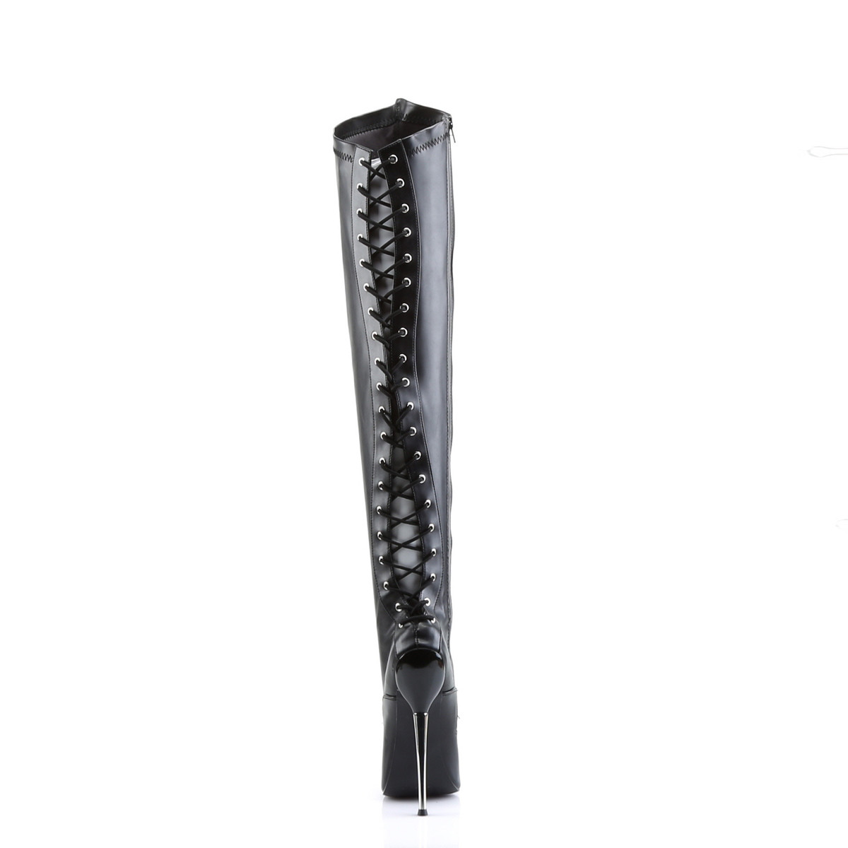 Devious Dagger-3060 B/PU - Černé kozačky nad kolena na vysokém podpatku