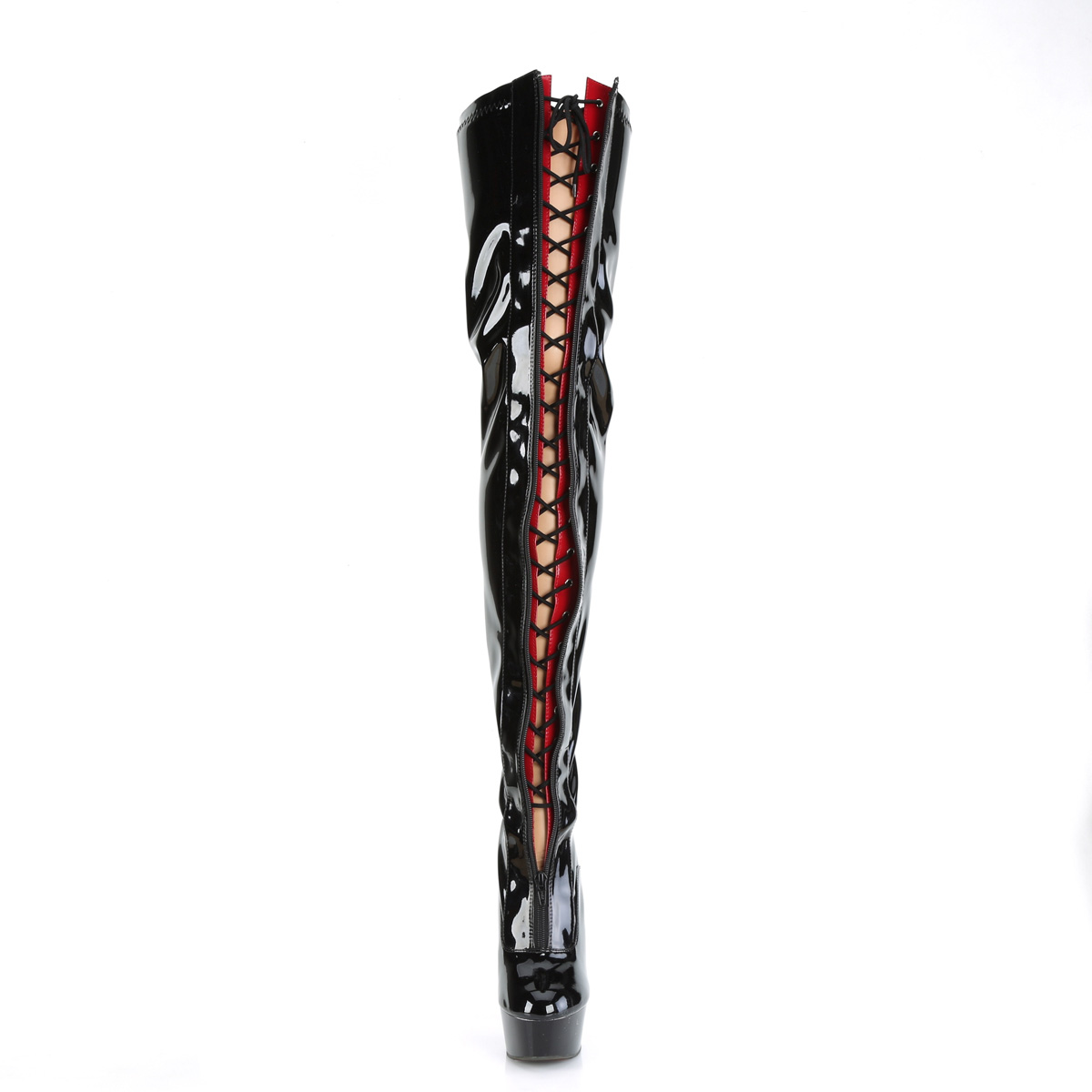 Pleaser Delight-3027 B-R/B - Lesklé černé kozačky nad kolena na platformě s vysokými podpatky