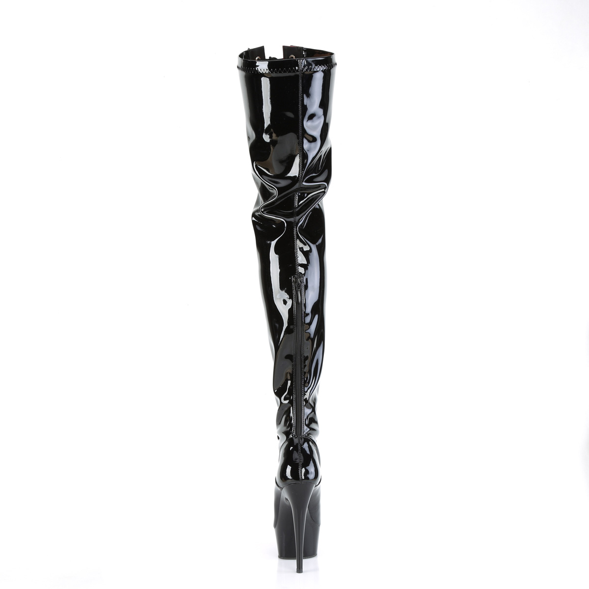 Pleaser Delight-3027 B-R/B - Lesklé černé kozačky nad kolena na platformě s vysokými podpatky