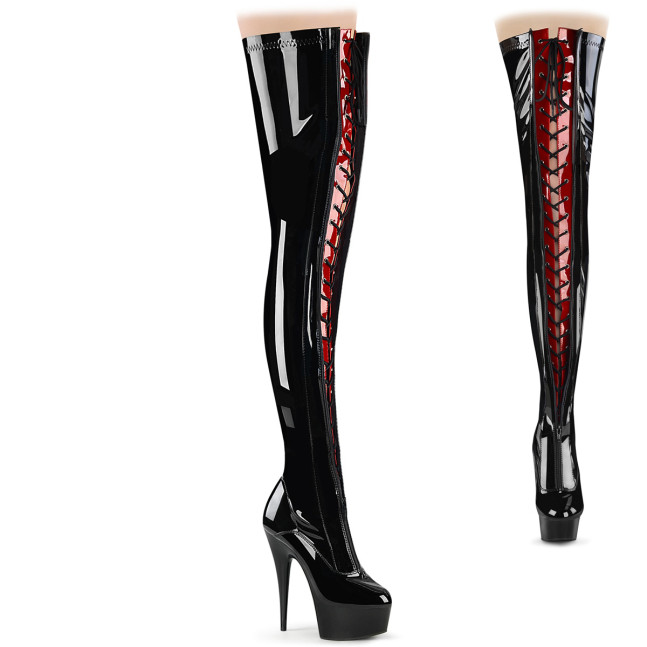 Pleaser Delight-3027 B-R/B - Lesklé černé kozačky nad kolena na platformě s vysokými podpatky