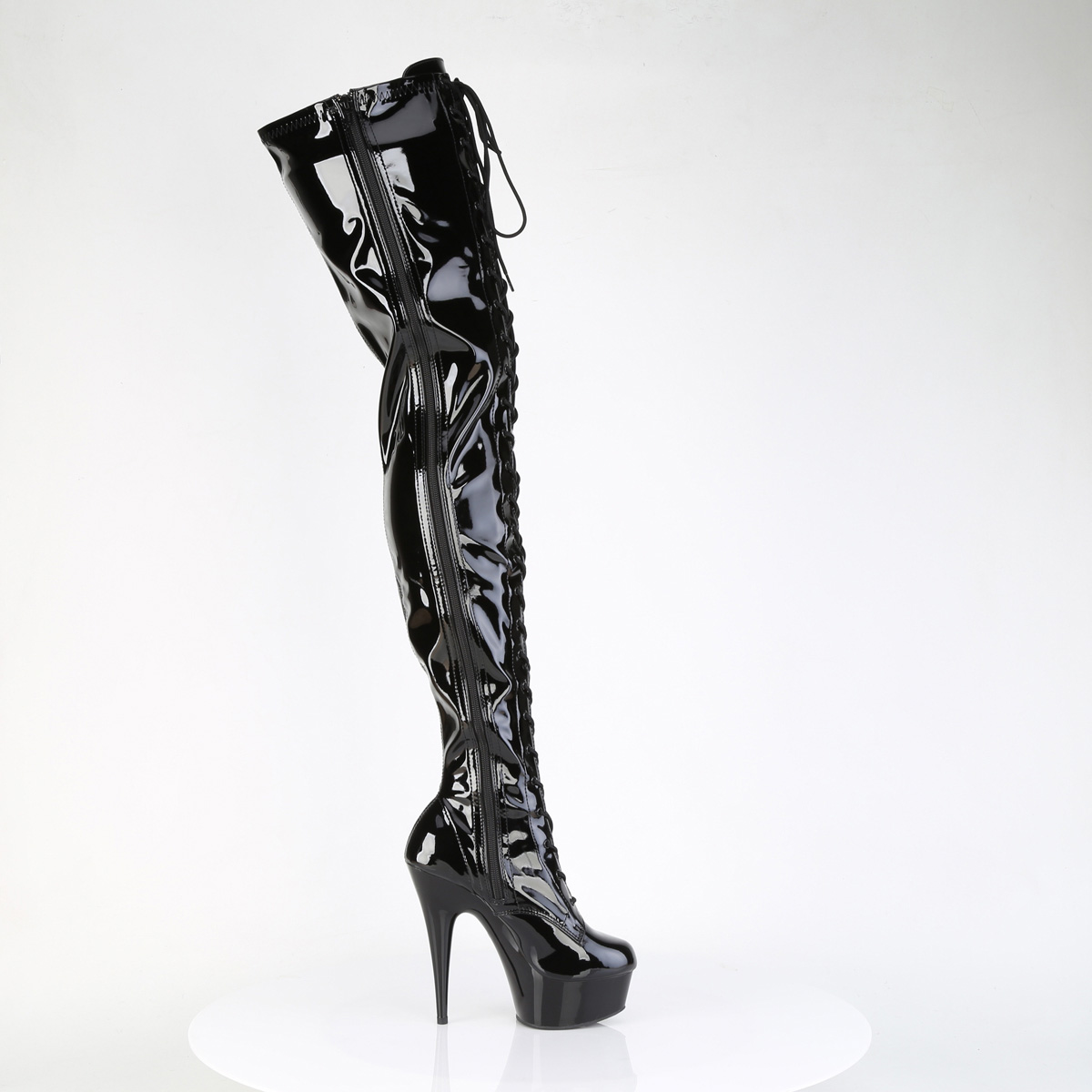 Pleaser Delight-4023 B/M - Lesklé černé kozačky nad kolena na platformě s vysokými podpatky