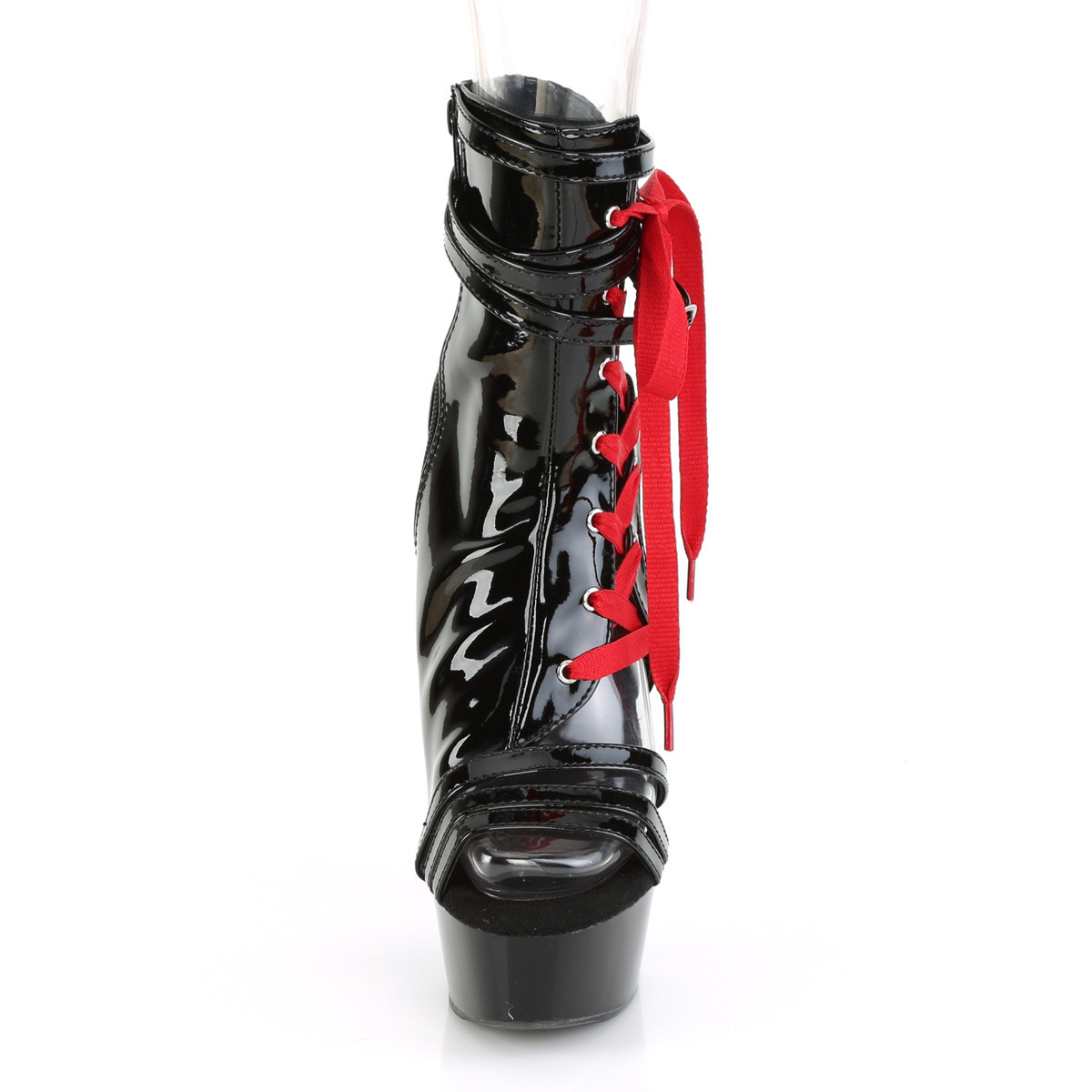 Pleaser Delight-600-36 B/M - Lesklé černé kozačky s otevřenou špičkou na platformě s vysokými podpatky