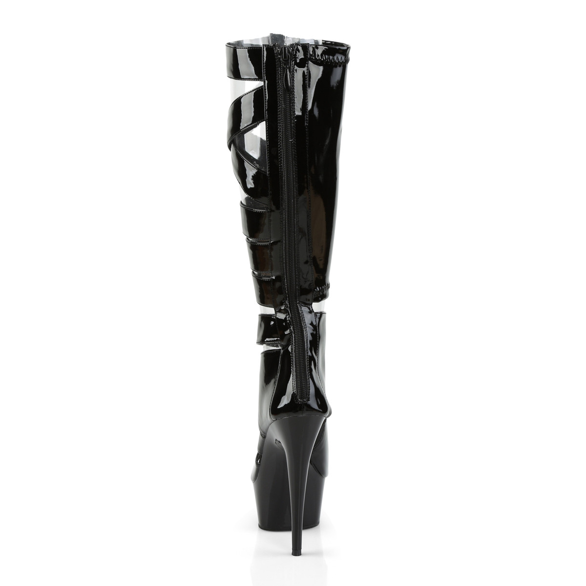 Pleaser Delight-600-49 B/M - Lesklé černé letní kozačky na platformě s vysokými podpatky