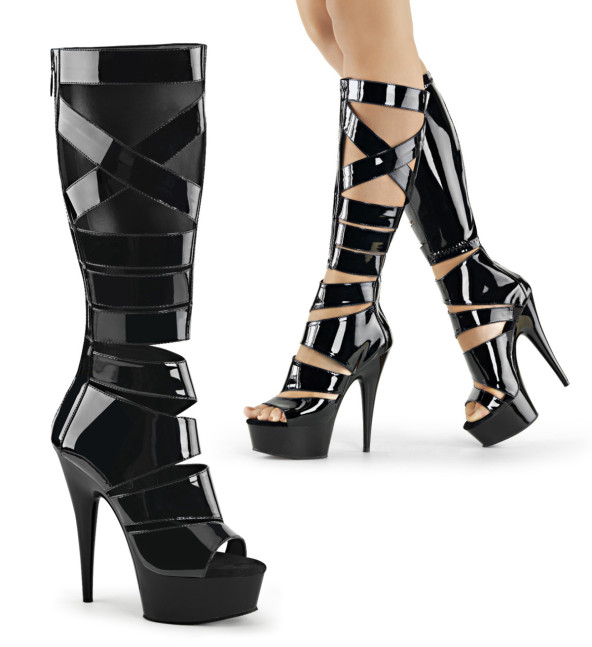 Pleaser Delight-600-49 B/M - Lesklé černé letní kozačky na platformě s vysokými podpatky