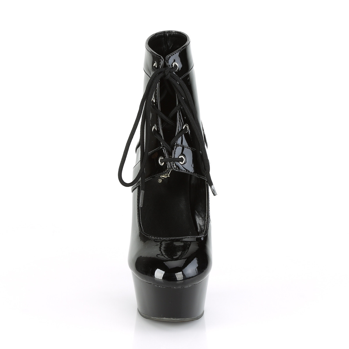 Pleaser Delight-688 B/M - Lesklé černé kotníkové boty na platformě s vysokými podpatky
