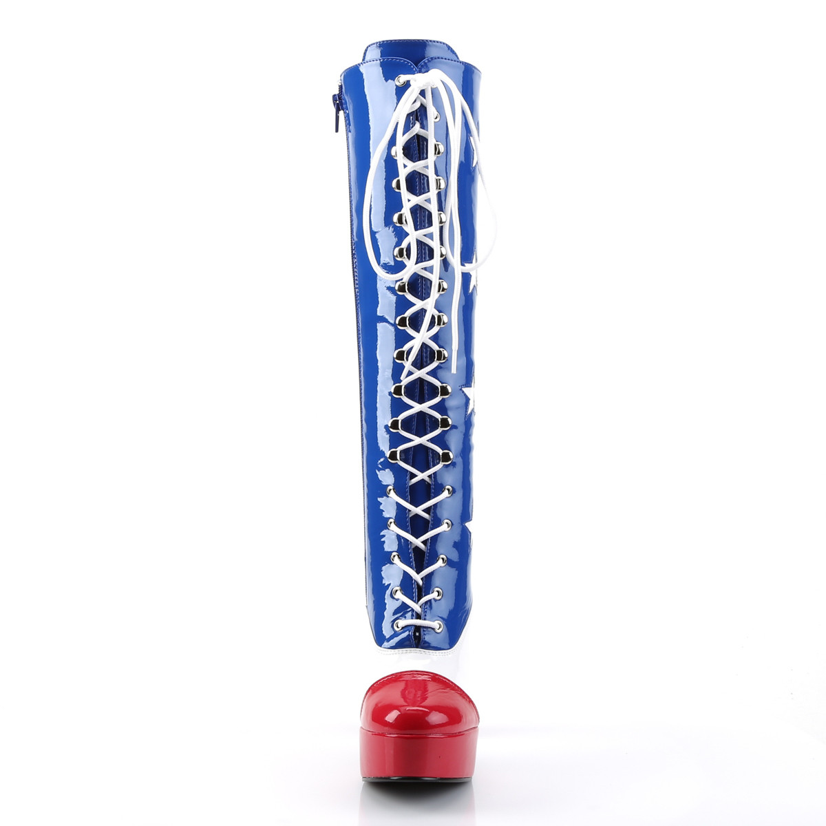 Funtasma Electra-2030 AF - Lesklé modré kozačky na platformě s vysokými širokými podpatky