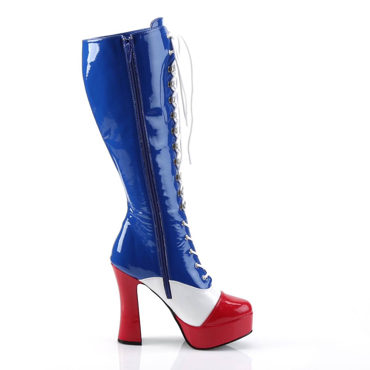 Funtasma Electra-2030 AF - Lesklé modré kozačky na platformě s vysokými širokými podpatky