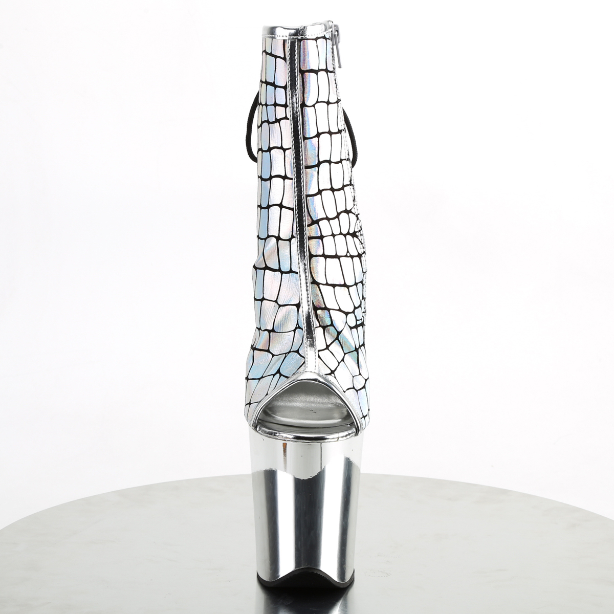 Pleaser Flamingo-1018HG SPU/SCH - Stříbrné kozačky s otevřenou špičkou na vysoké platformě