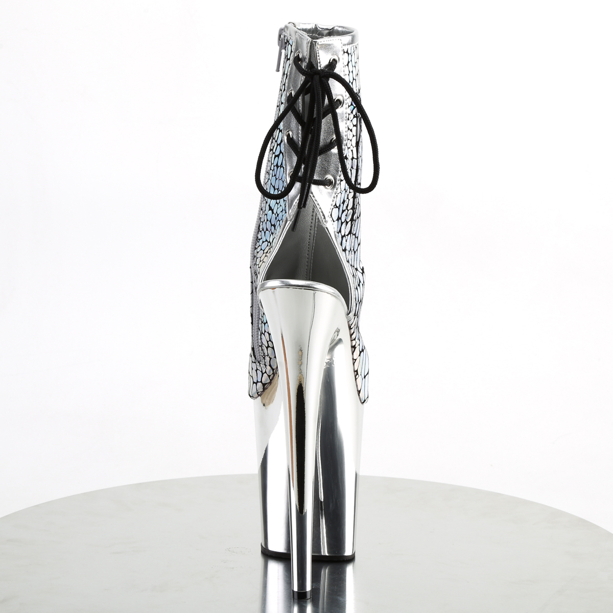 Pleaser Flamingo-1018HG SPU/SCH - Stříbrné kozačky s otevřenou špičkou na vysoké platformě