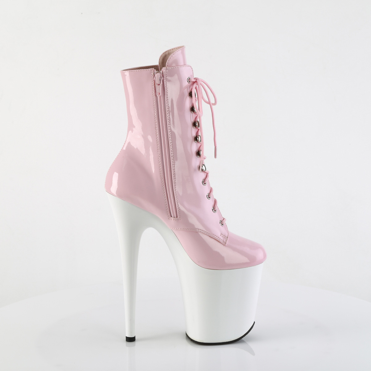 Pleaser Flamingo-1020 BP/W - Lesklé růžové kotníkové kozačky na vysoké platformě