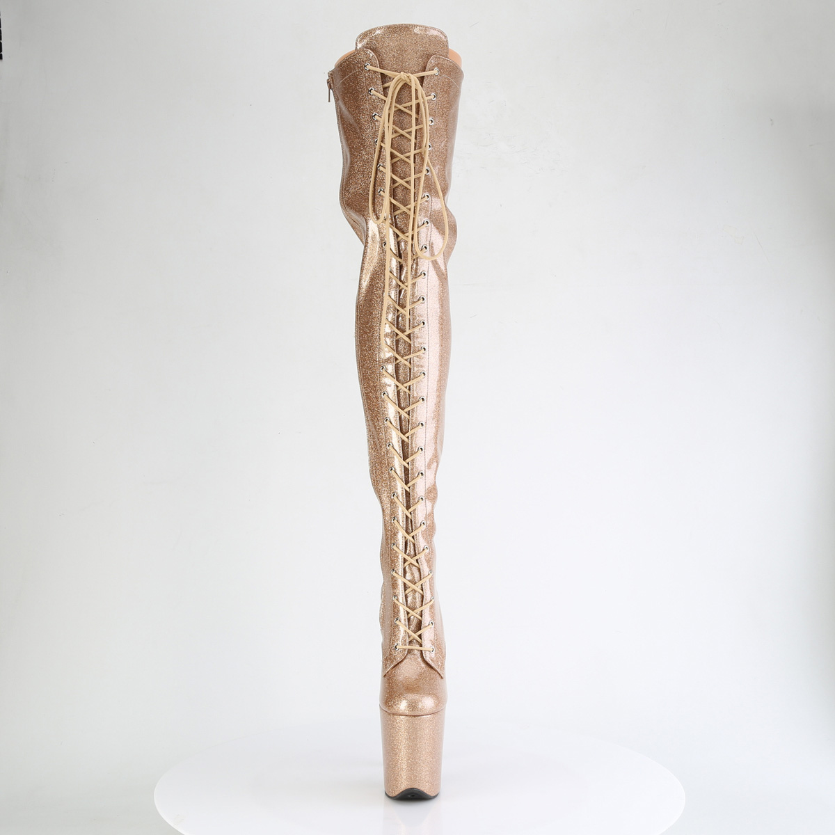 Pleaser Flamingo-3020GP GG/M - Lesklé zlaté kozačky nad kolena na vysoké platformě