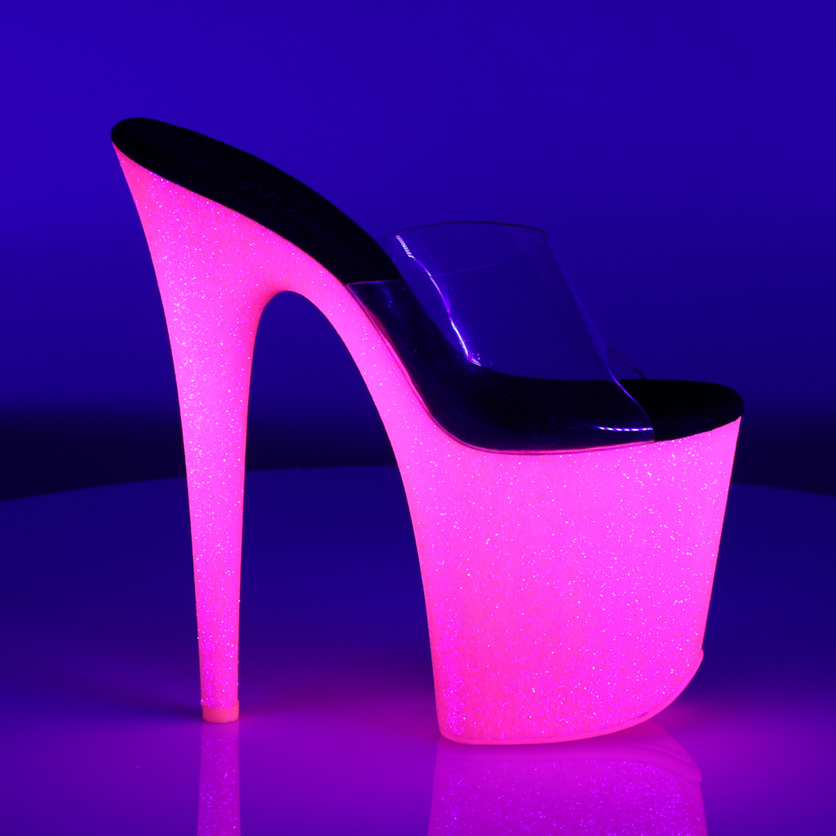 Pleaser Flamingo-801UVG C/NHP - Průhledné uv reaktivní sandály na vysoké platformě
