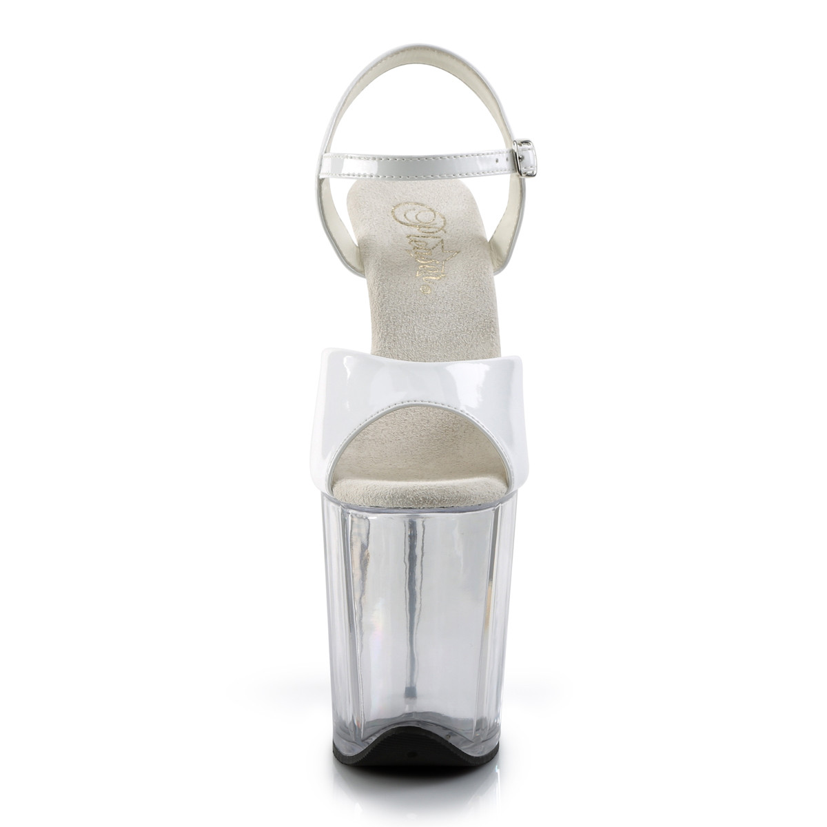 Pleaser Flamingo-809 W/C - Lesklé bílé sandály na vysoké platformě