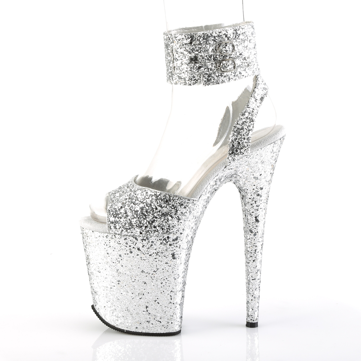 Pleaser Flamingo-891LG SG/M - Stříbrné boty s páskem přes kotník na vysoké platformě