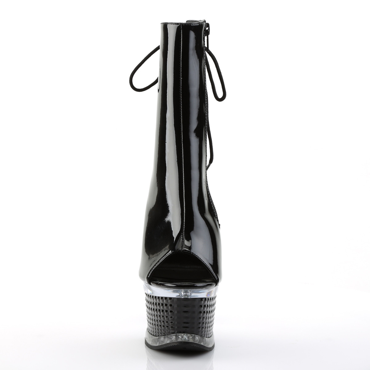 Pleaser Illusion-1018 B/M - Lesklé černé kozačky s otevřenou špičkou na platformě s vysokými podpatky