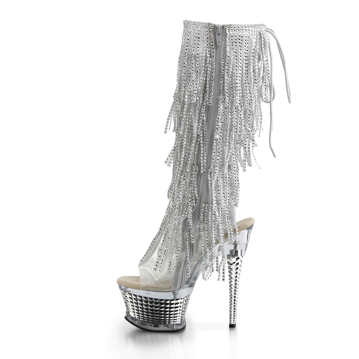 Pleaser Illusion-2017RSF STPU/SCH - Stříbrné kozačky s otevřenou špičkou na platformě s vysokými podpatky