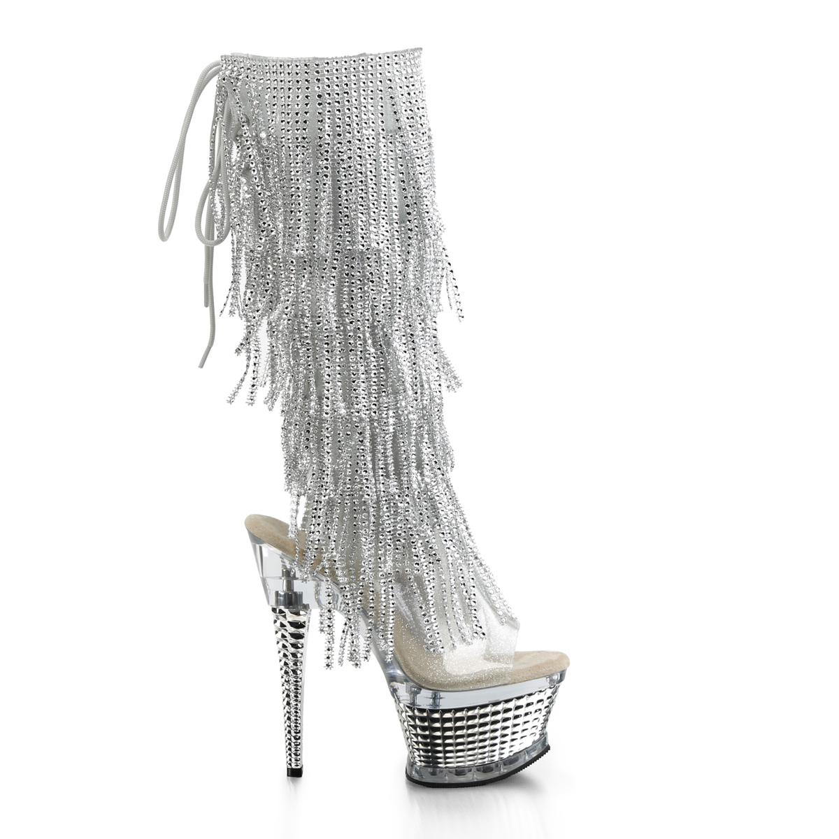 Pleaser Illusion-2017RSF STPU/SCH - Stříbrné kozačky s otevřenou špičkou na platformě s vysokými podpatky
