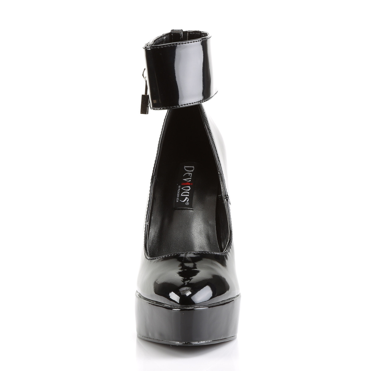 Devious Indulge-534 B - Lesklé černé lodičky s páskem na platformě s vysokými podpatky