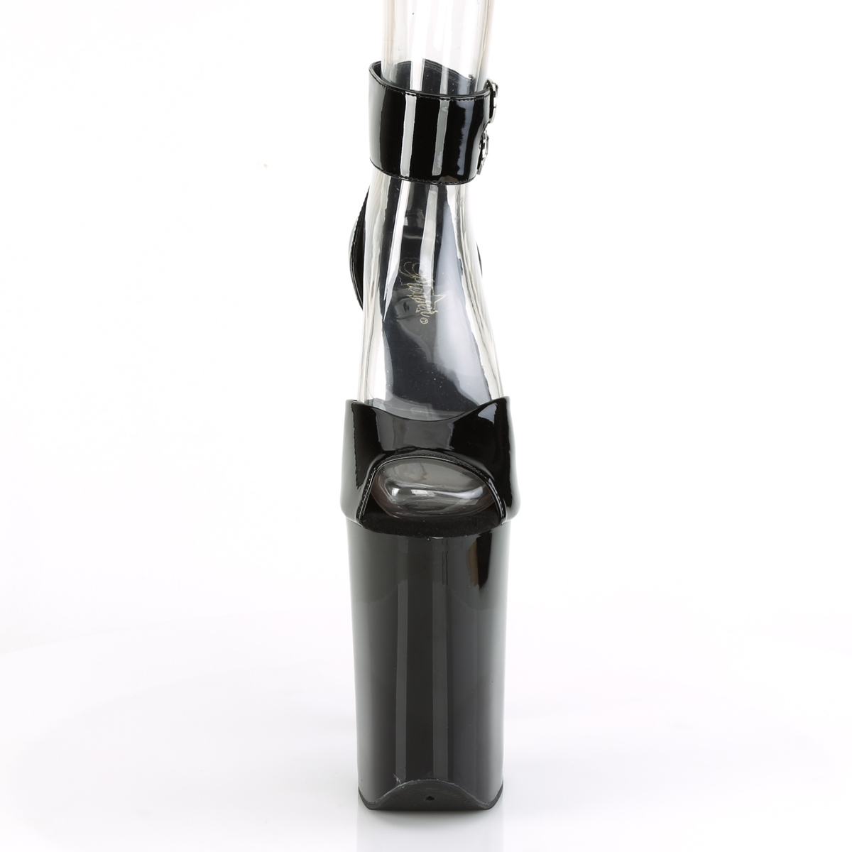 Pleaser Infinity-975 B/M - Lesklé černé boty s páskem přes kotník na vysoké platformě