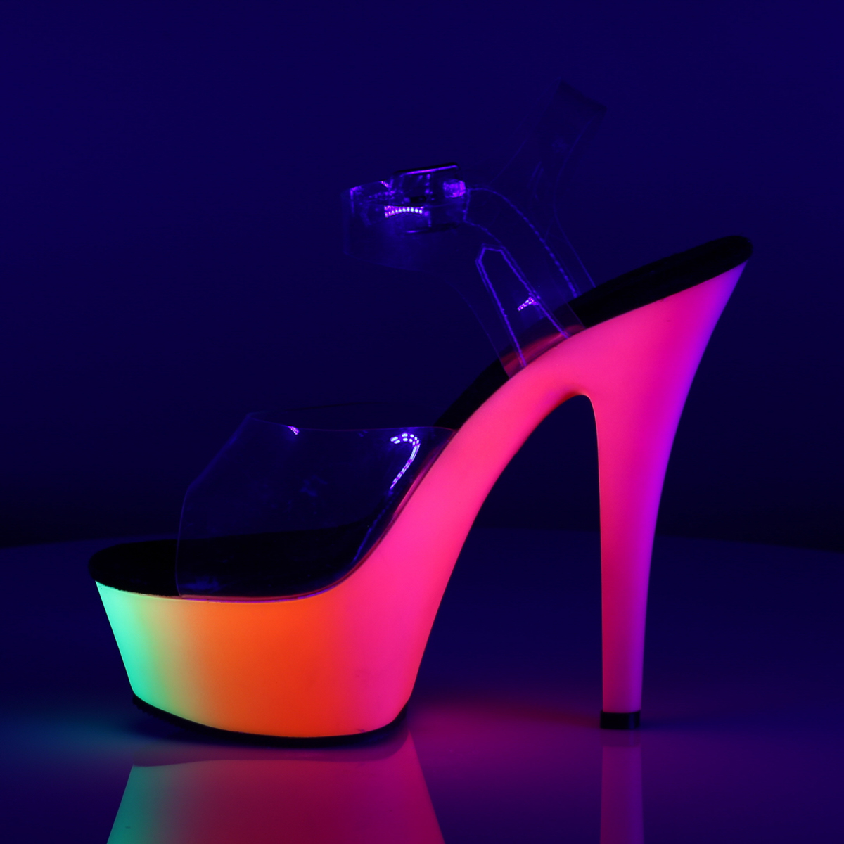 Pleaser Rainbow-208UV C/NMC - Průhledné uv reaktivní sandály na platformě s vysokými podpatky