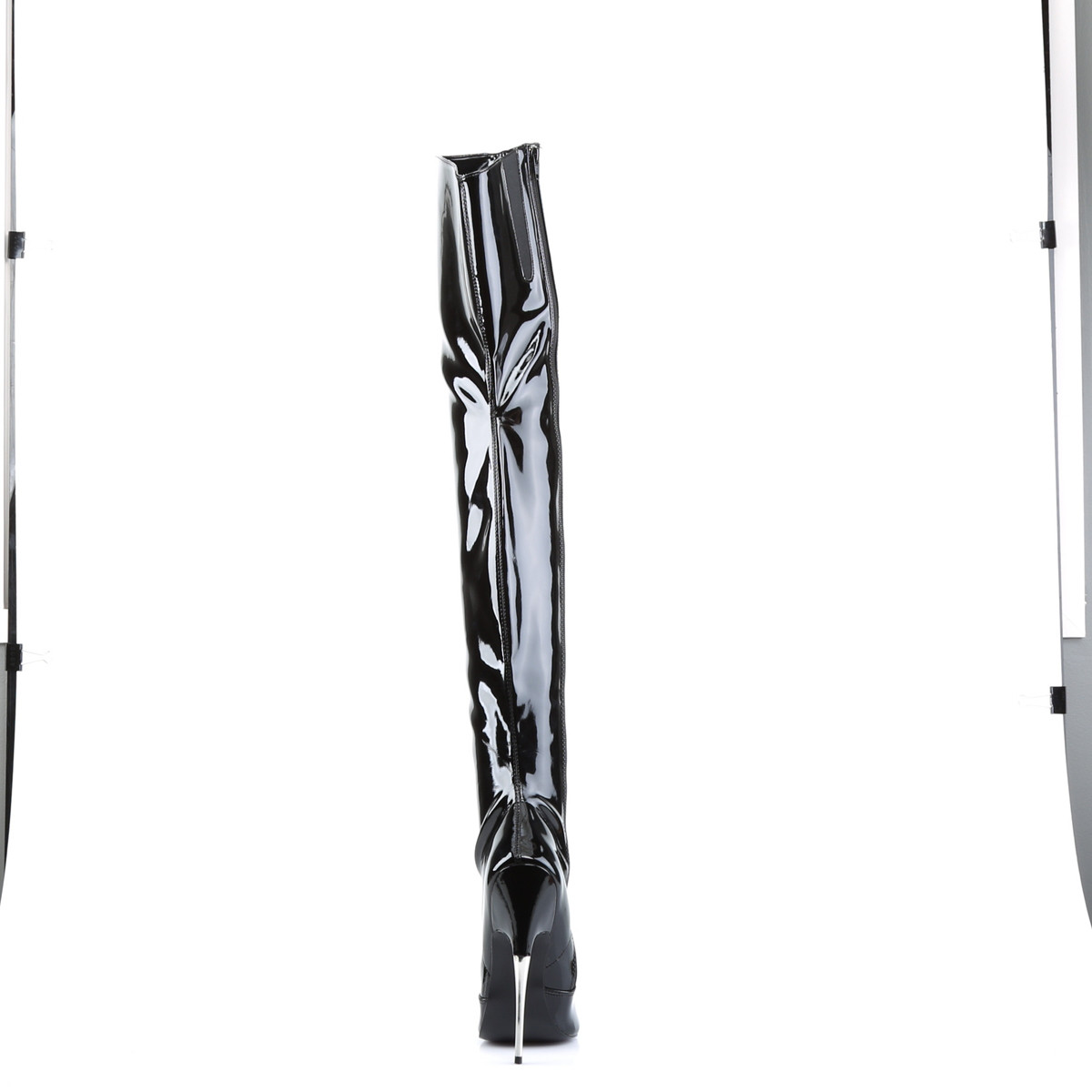 Devious Scream-3010 B - Lesklé černé kozačky nad kolena na vysokém podpatku
