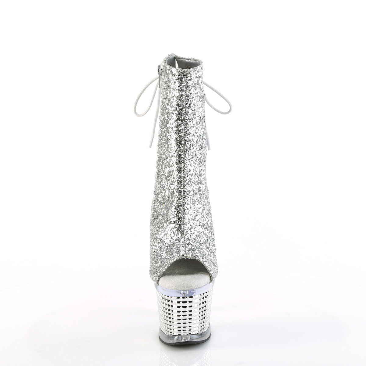 Pleaser Spectator-1018G SG/C-SCH - Stříbrné kozačky s otevřenou špičkou na vysoké platformě