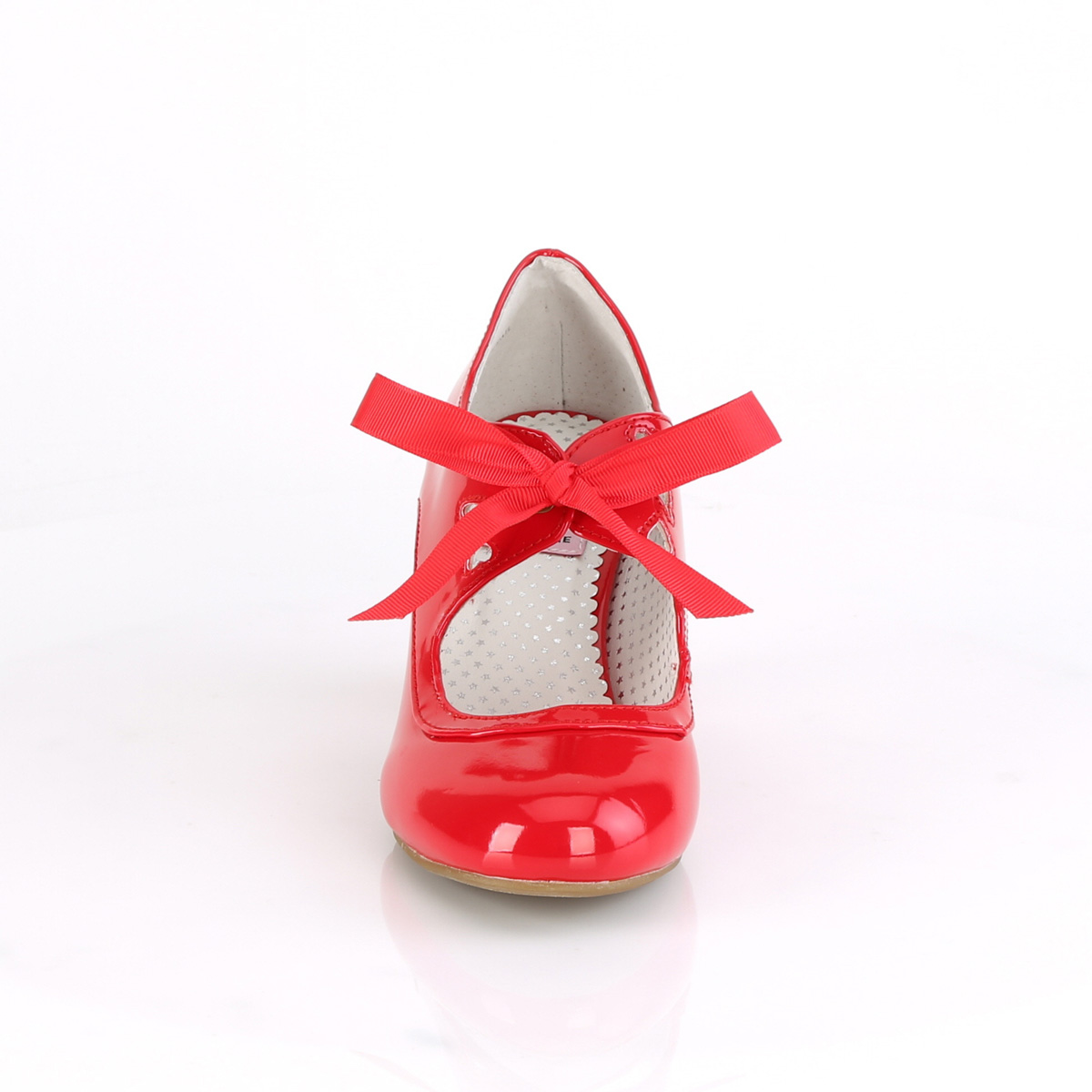 Pin Up Couture Wiggle-32 R - Lesklé červené lodičky s páskem bez platformy s širokými podpatky