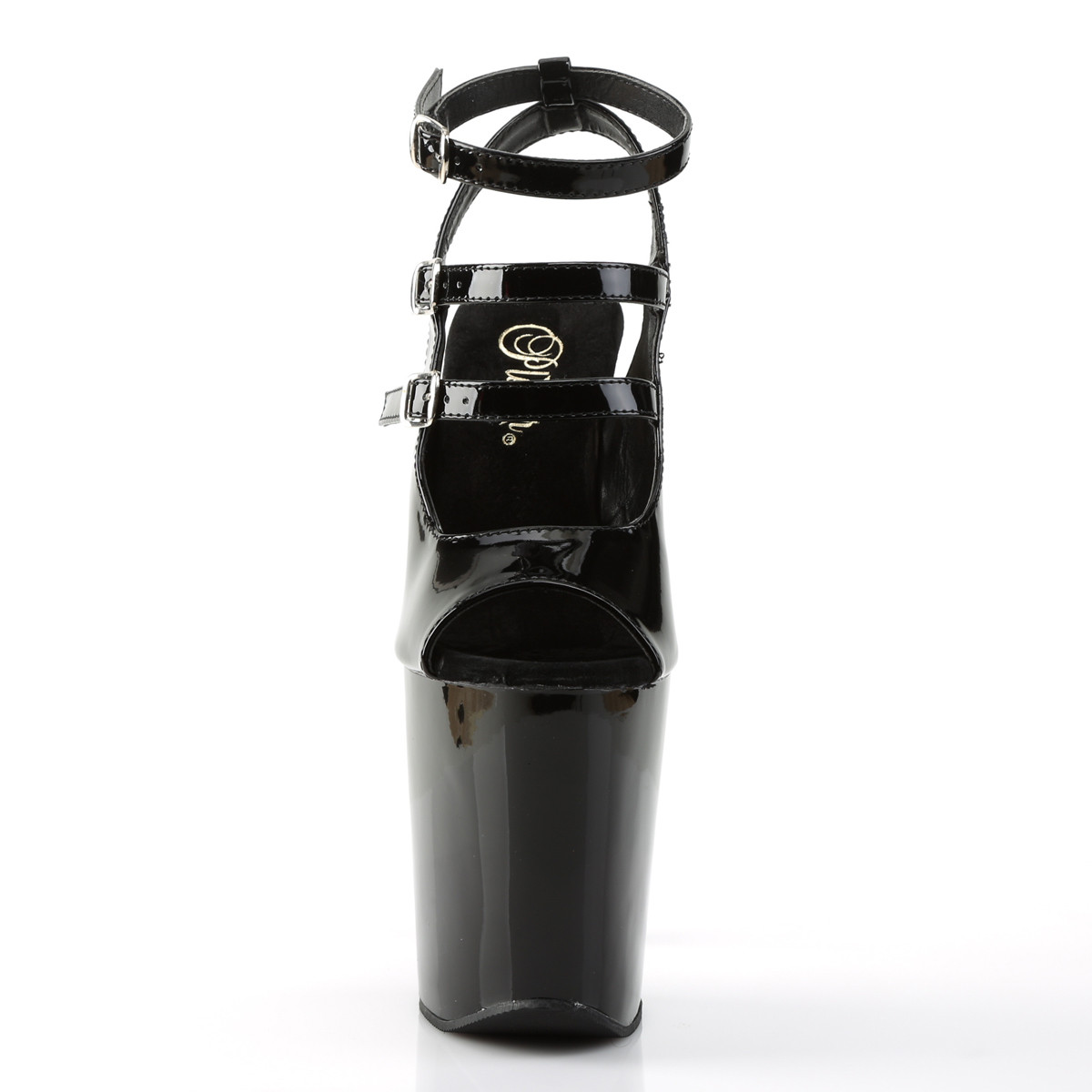 Pleaser Xtreme-873 B/M - Lesklé černé boty s páskem přes kotník na vysoké platformě